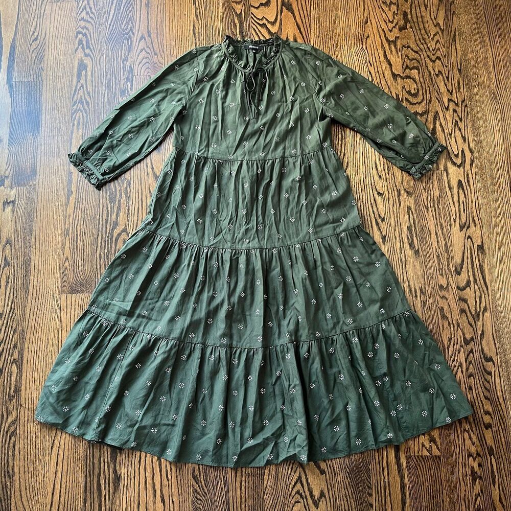 Madewell Tie-Neck Tiered Midi Viscose Dress in Stardot (S)